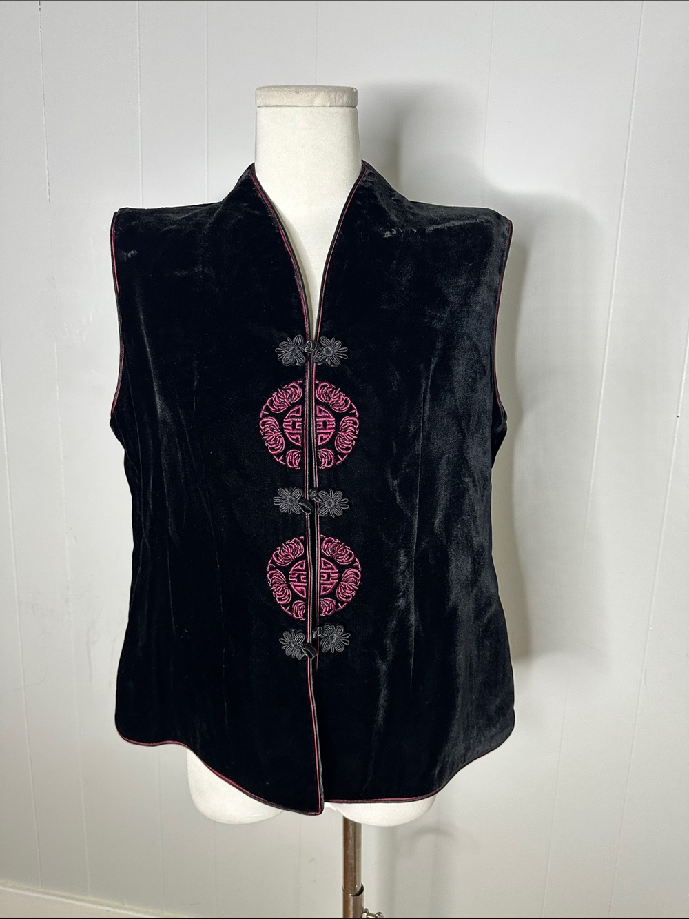 Vintage Silk Velvet Black Frog Closure Vest